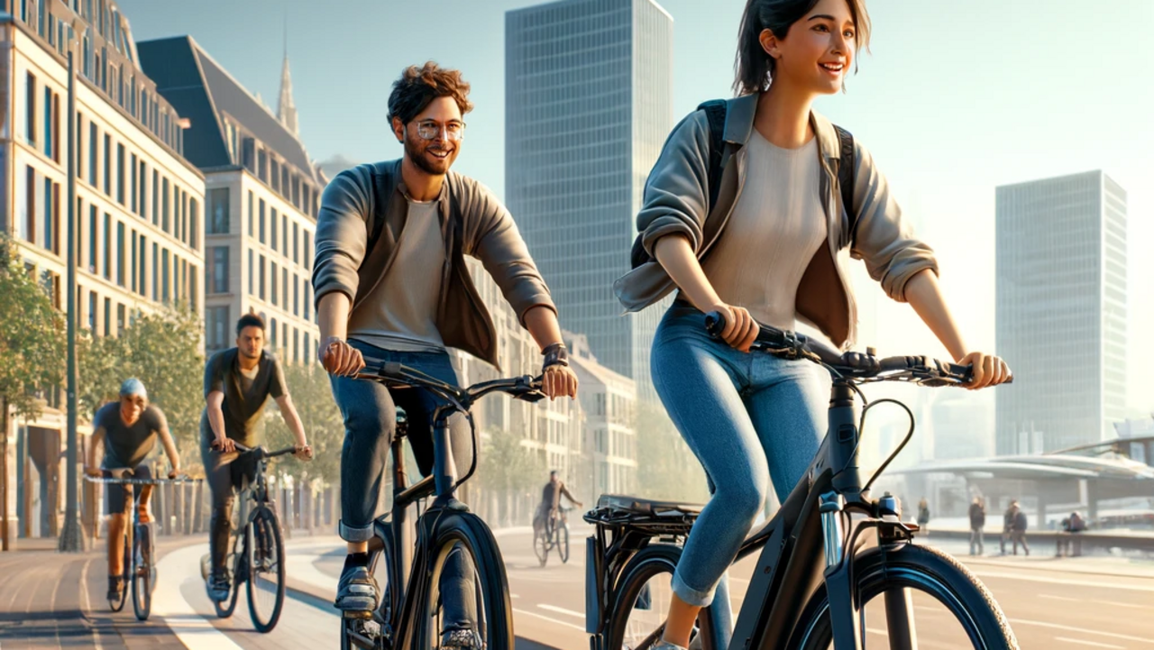 Gruppe von Menschen fährt Elektroräder in der Stadt.