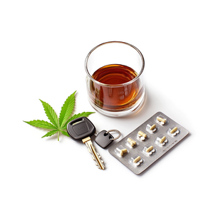 Abbildung von Alkohol, Cannabis und Tabletten mit Autoschlüssel.