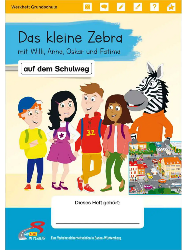 Zebra mit Kindern auf dem Schulweg.