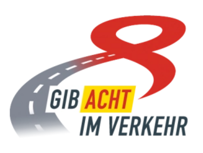 Logo der Verkehrssicherheitsaktion "Gib Acht im Verkehr" mit einer stilisierten Straße, die in eine rote Zahl 8 übergeht.