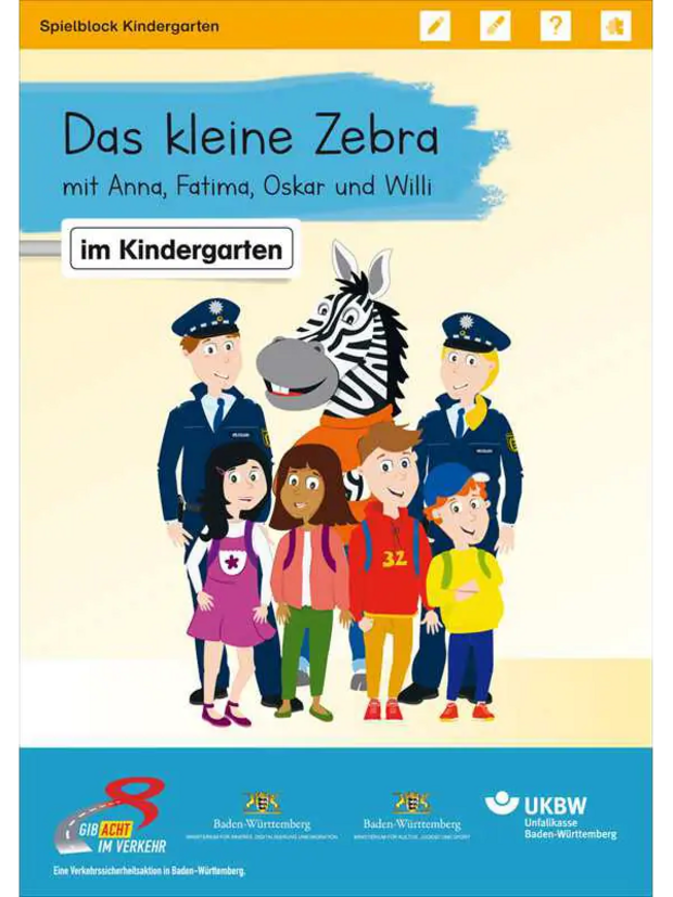 Zebra mit Kindern und Polizisten.