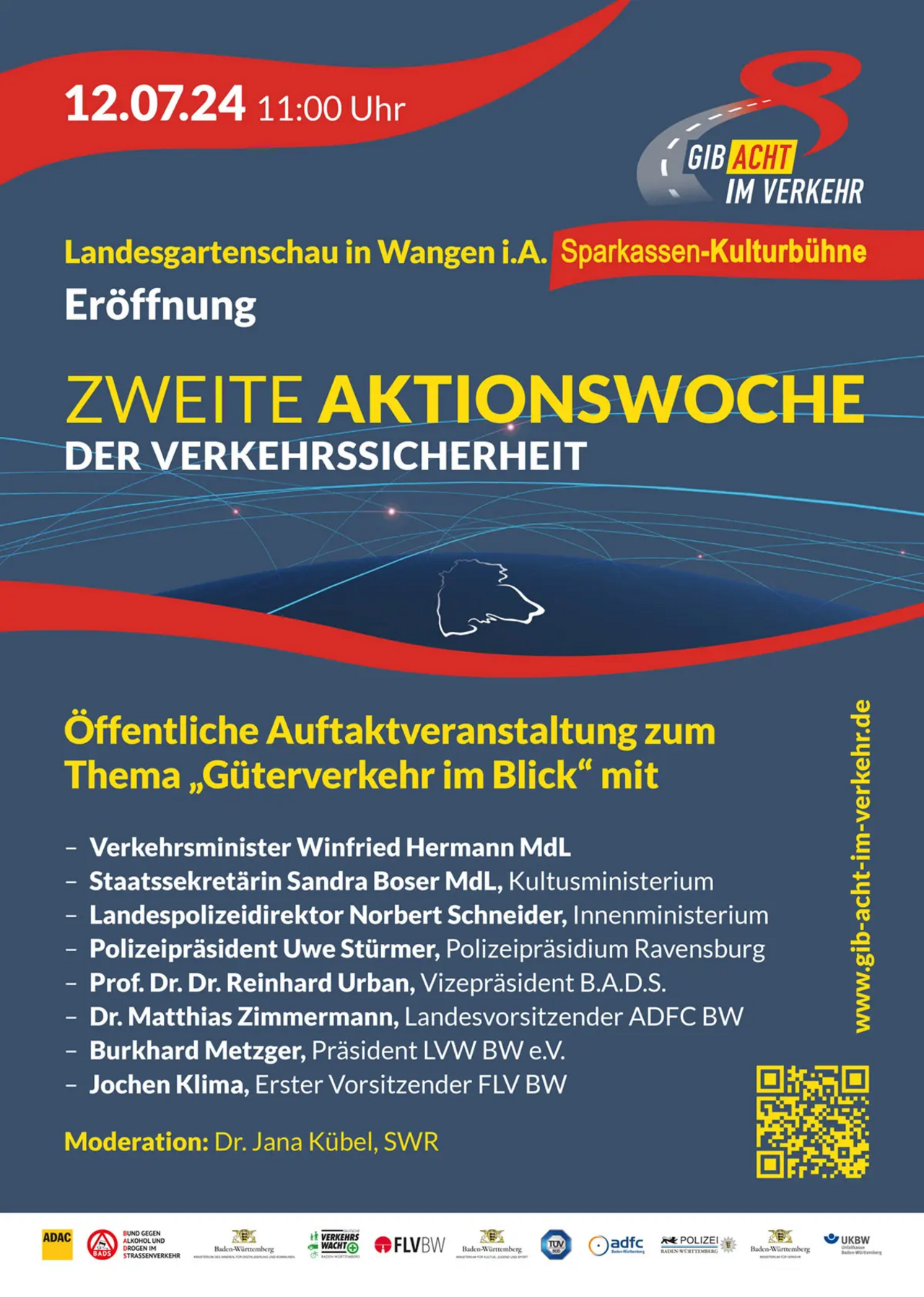 Plakat für die Eröffnung der zweiten Aktionswoche der Verkehrssicherheit in Baden-Württemberg, fokussiert auf das Datum und den Veranstaltungsort.