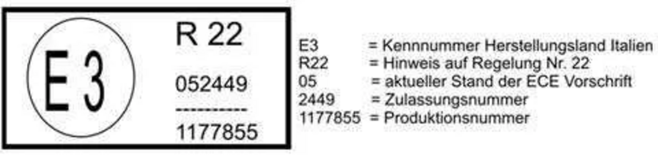 ECE-Norm mit den verschiedensten Angaben über Herstellungsland, Zulassungsnummer, usw. 