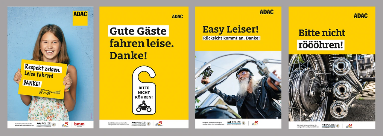 4 kleine Plakate mit verschiedenen Slogans zu Motorradlärm 