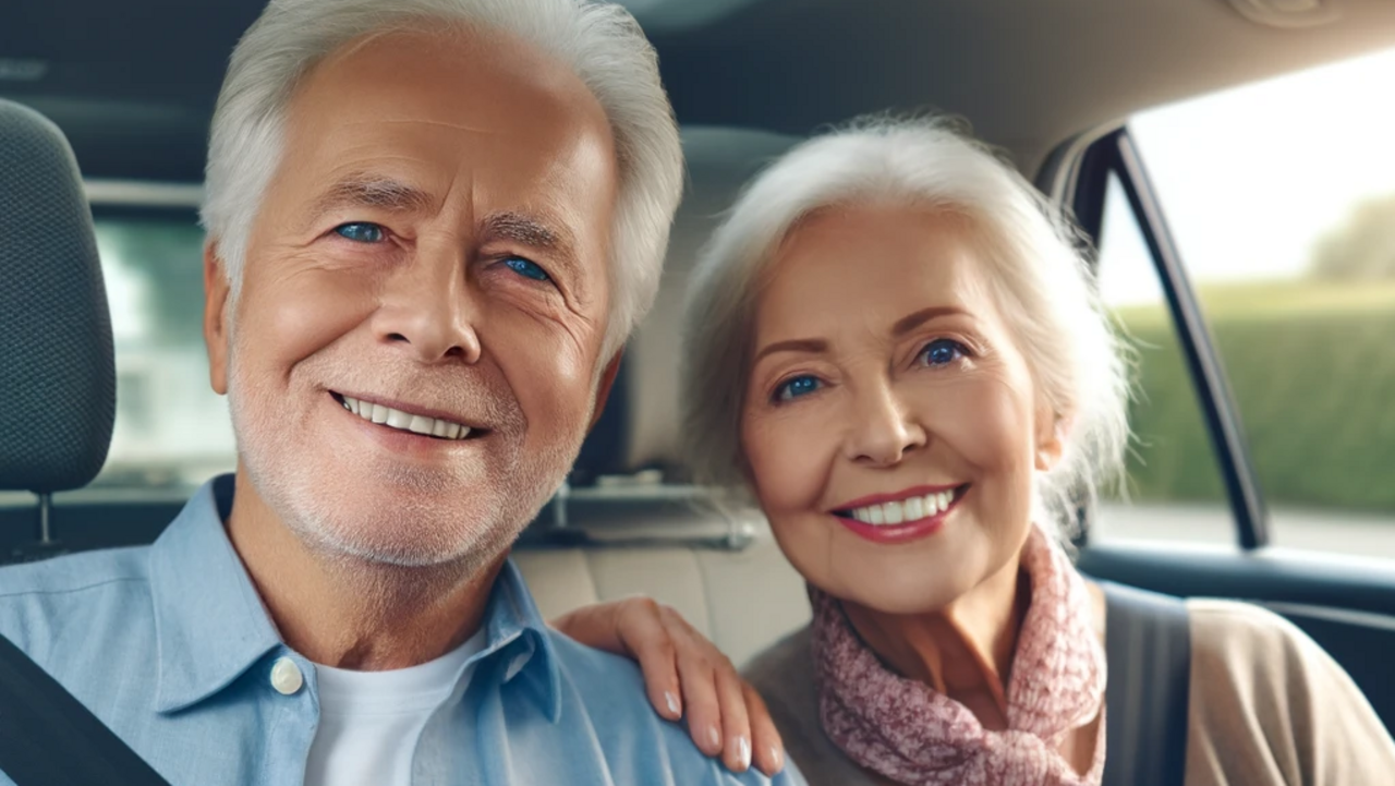 Älteres Paar sitzt im Auto, beide angeschnallt, lächeln und schauen in die Kamera.